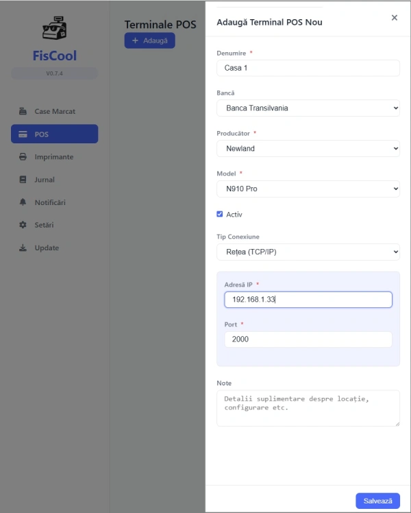 Configurare POS Banca Transilvania în FisCool