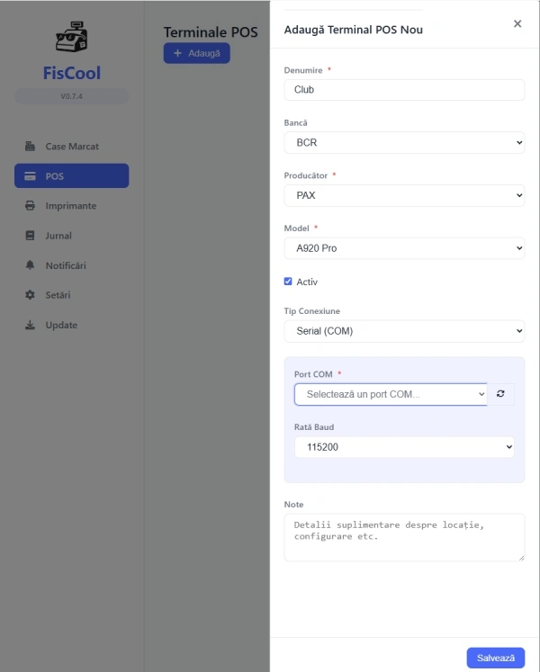 Configurare POS BCR în FisCool