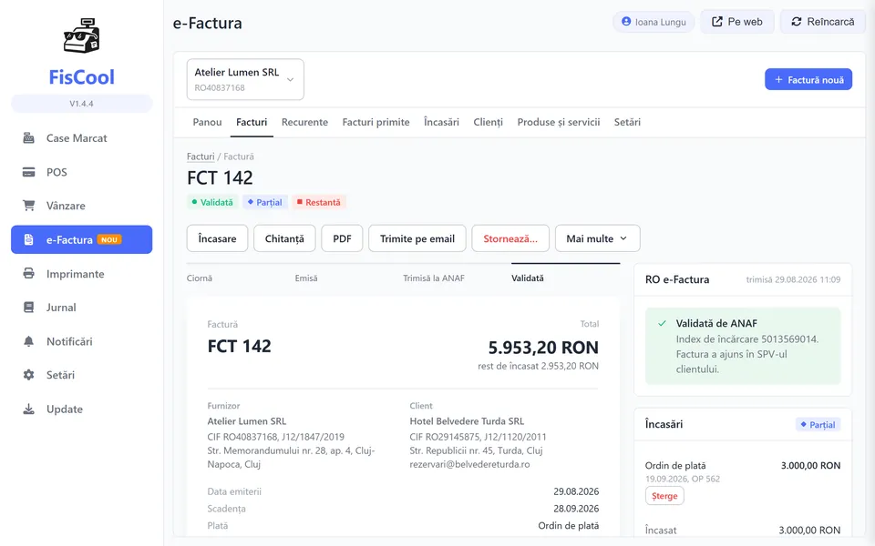 Tabul e-Factura din FisCool: factură validată de ANAF în RO e-Factura, cu încasările ei